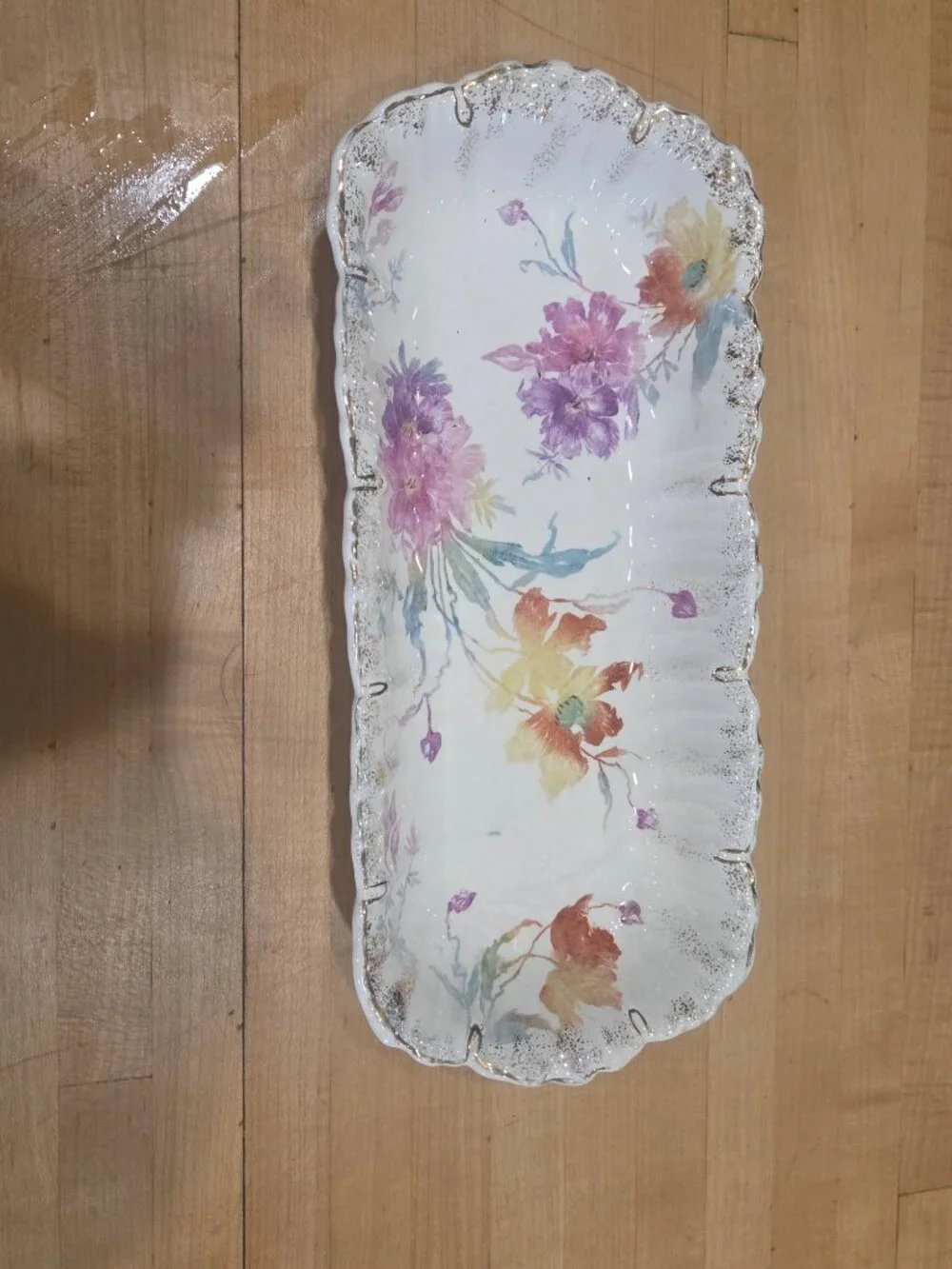 Antique Victoria Austria Porcelain Floral Celery Dish Scalloped Gold Trim